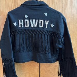 Black Fringe Jean Jacket with 'Howdy' and Star Accents